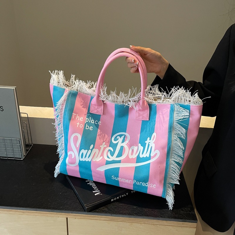 Cross border European and American handmade tassel beach canvas bag for women, 2026 new printed tote bag, large capacity shoulder bag Cross border European and American handmade tassel beach canvas bag for women, 2026 new printed tote bag, large capacity shoulder bag