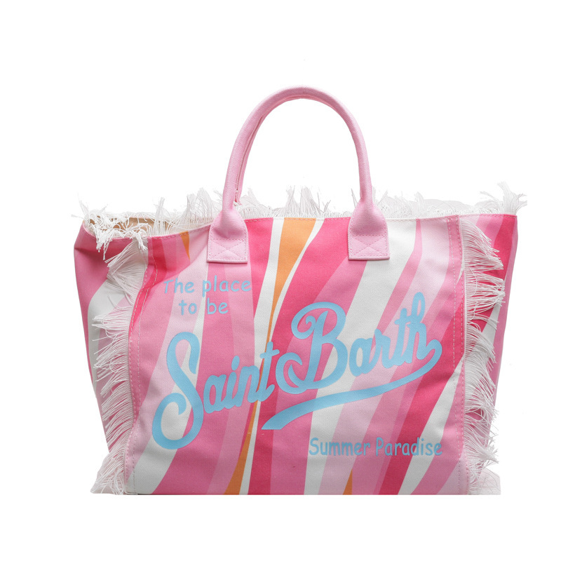 Cross border European and American handmade tassel beach canvas bag for women, 2026 new printed tote bag, large capacity shoulder bag Cross border European and American handmade tassel beach canvas bag for women, 2026 new printed tote bag, large capacity shoulder bag