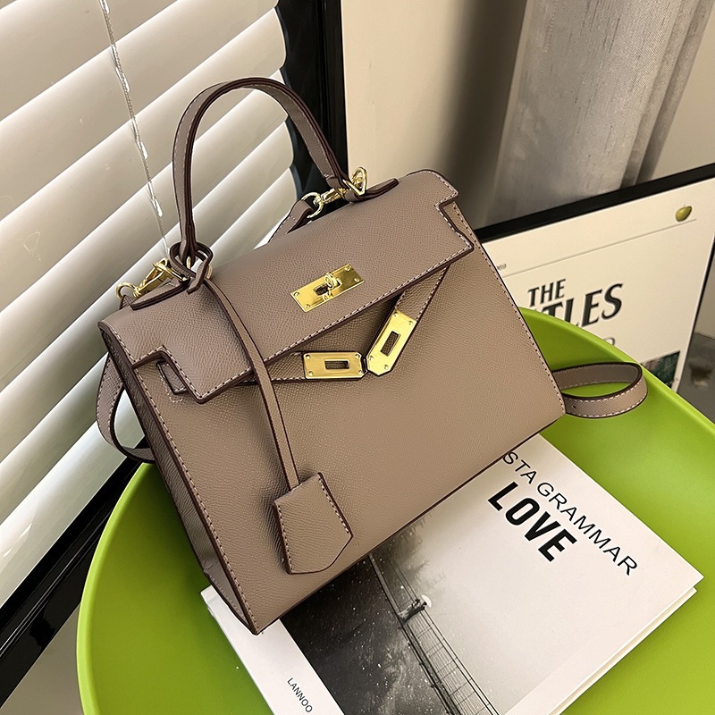 Cross border premium texture Kelly bag for women 2025 large capacity lychee patterned platinum bag versatile crossbody single shoulder handbag