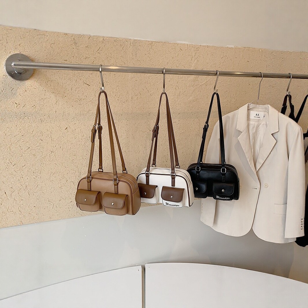 Bags women's shoulder bag retro simple leather crossbody bag niche design double pocket fashionable versatile commuting bag