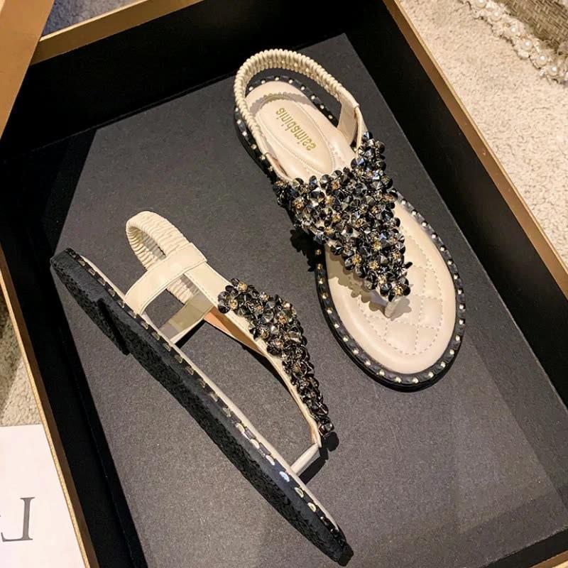 Wedge sandals for women in summer fairy style 2026 new fashion, rhinestone ladies flat Roman shoes, women's plus size women's shoes