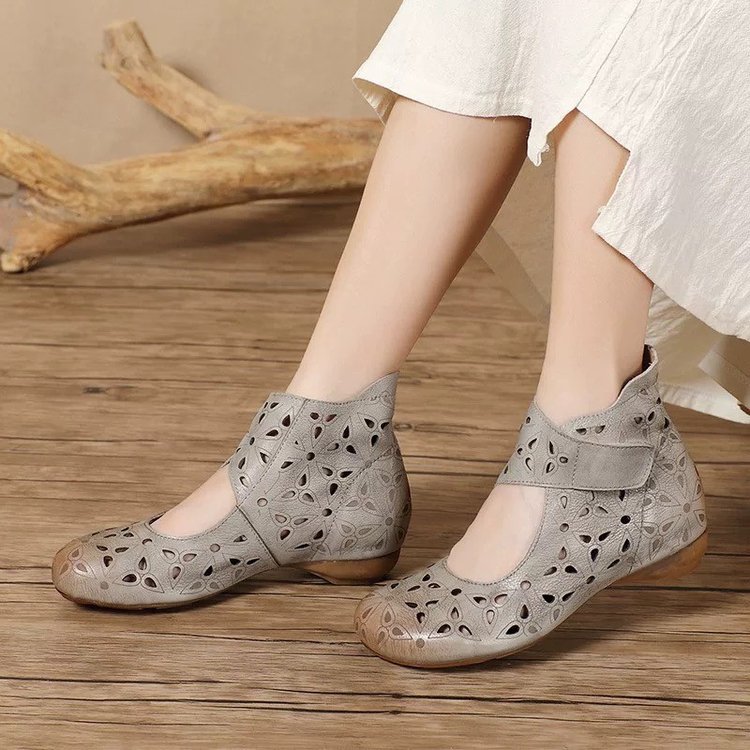2026 Spring/Summer Chinese style handmade hollow out cool boots for women, retro ethnic style magic tape Roman sandals, casual hole shoes