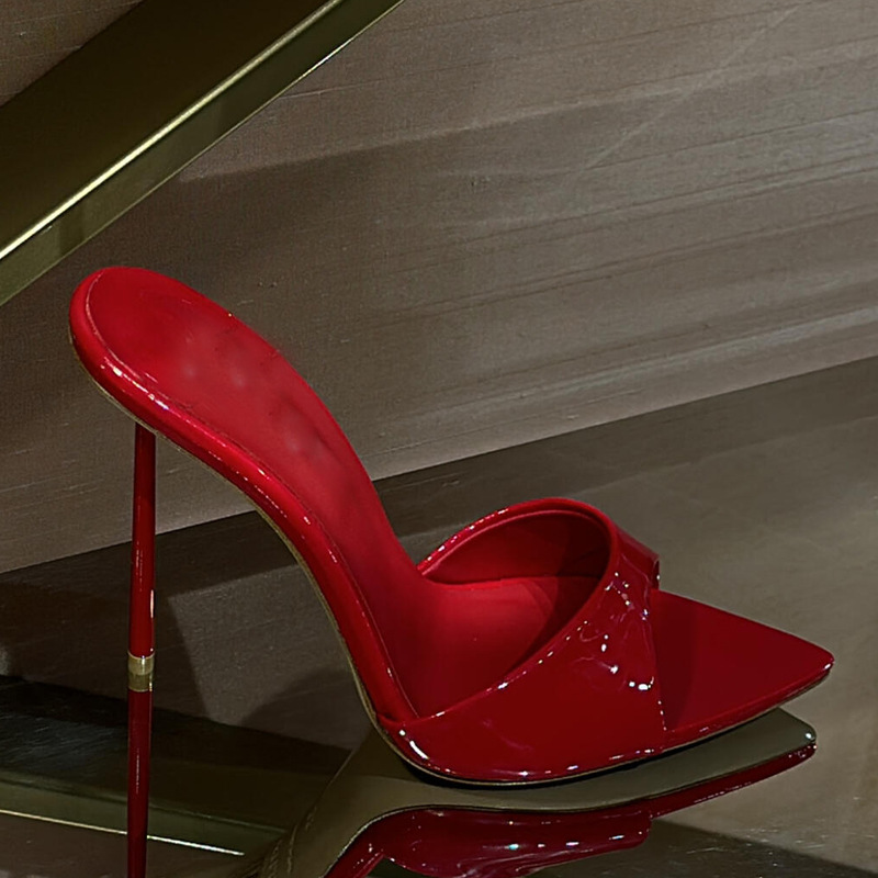Red pointed slippers for women wearing summer new style, sexy patent leather high heels, slim heels with exposed toes, cool slippers in stock