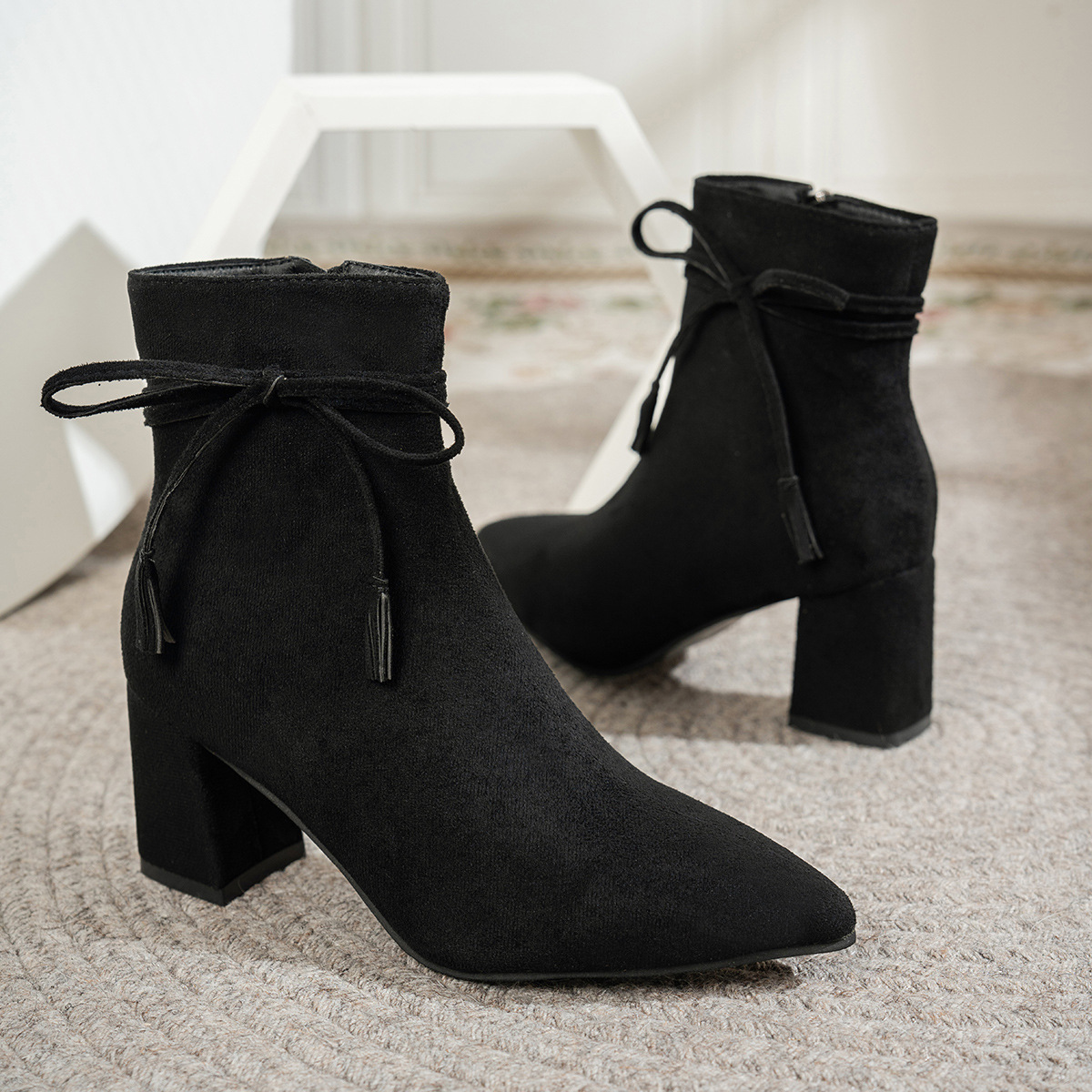 High heels 2026 autumn new item side zipper bow thick heel pointed toe plus size foreign trade women's shoes short tube boots children