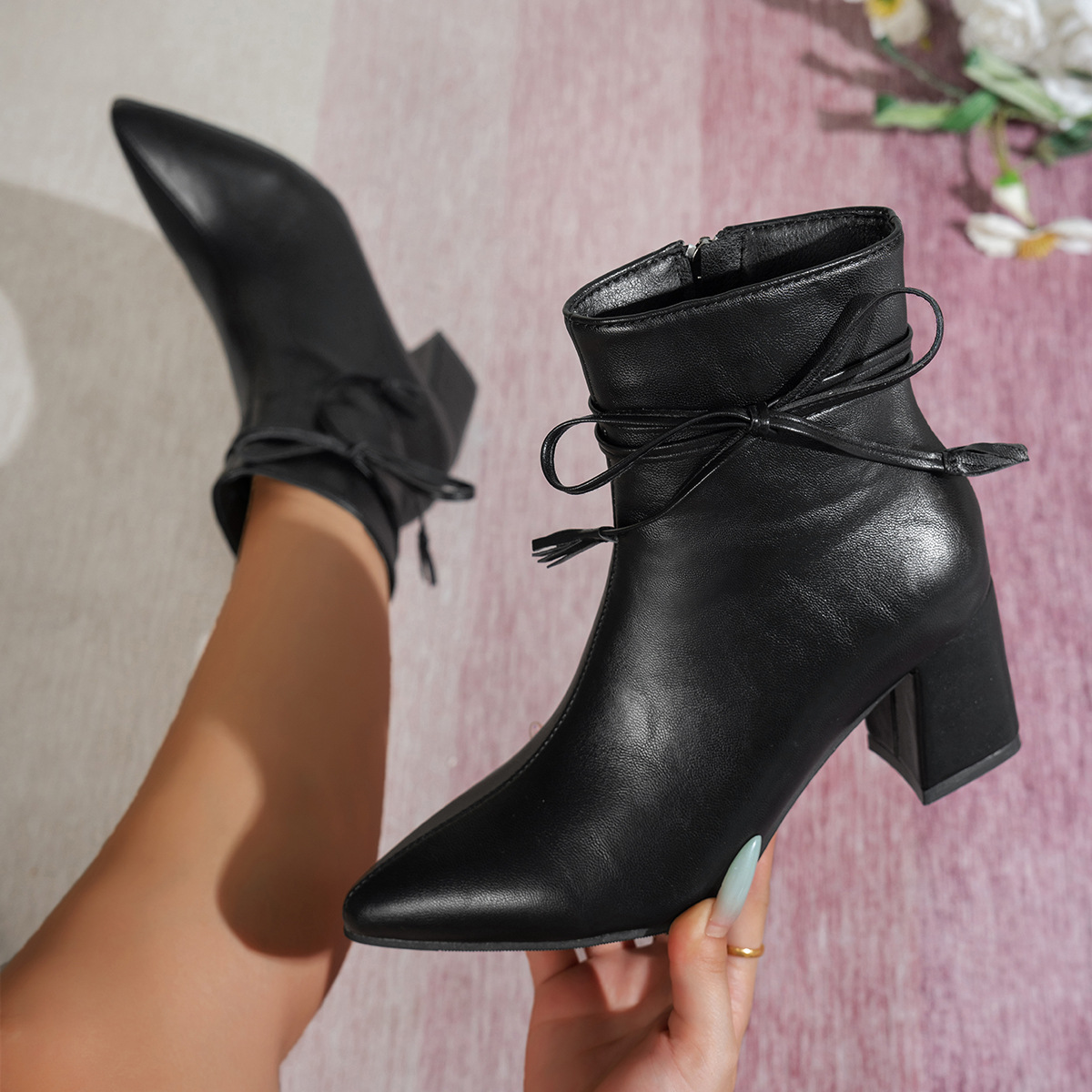 High heels 2026 autumn new item side zipper bow thick heel pointed toe plus size foreign trade women's shoes short tube boots children High heels 2026 autumn new item side zipper bow thick heel pointed toe plus size foreign trade women's shoes short tube boots children