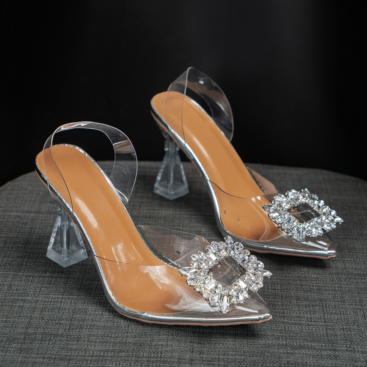 Baotou pointed high heels sandals women's European and American plus size foreign trade cross-border 2026 summer rhinestone square buckle heel