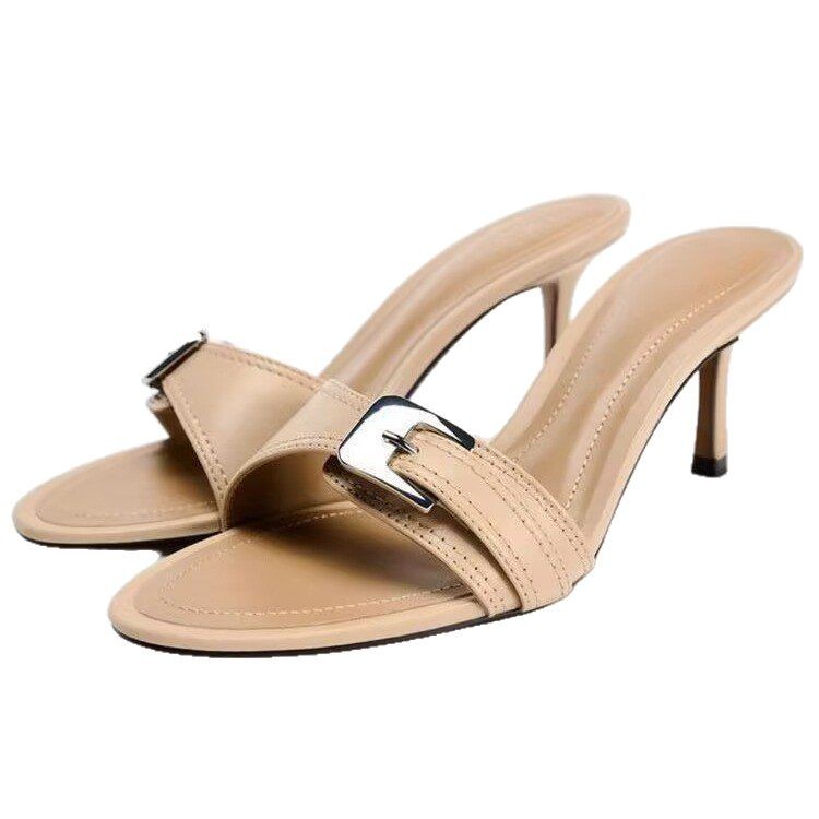 ZA's same style cool slippers for women's outdoor wear in summer, new women's shoes with buckle decoration, fine middle heel, M ü ller shoes, cool slippers ZA's same style cool slippers for women's outdoor wear in summer, new women's shoes with buckle decoration, fine middle heel, M ü ller shoes, cool slippers