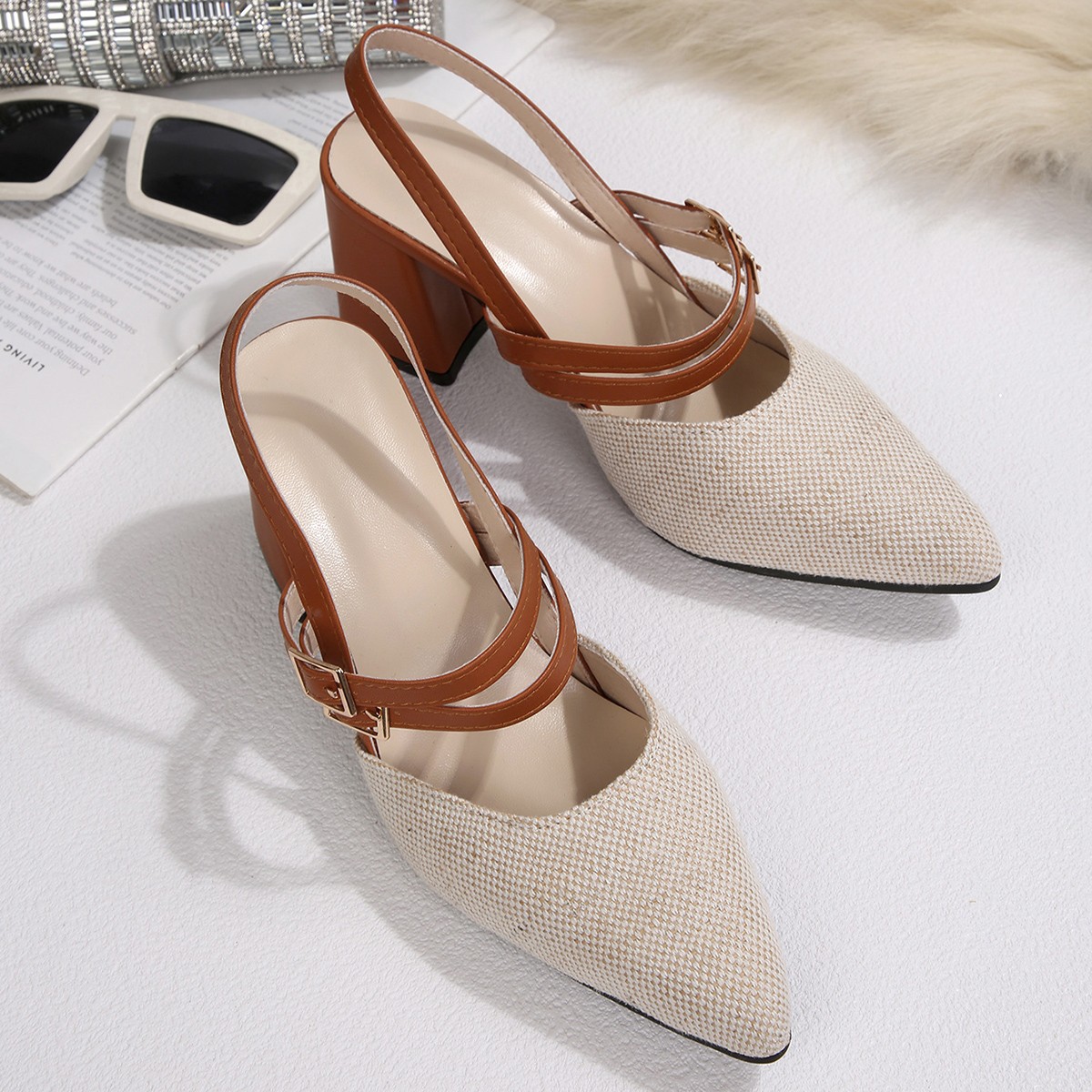 High heels, 2026 summer new item, pointed toe cap, rear air, large size, foreign trade women's shoes, thick heel, belt buckle sandals, women's shoes