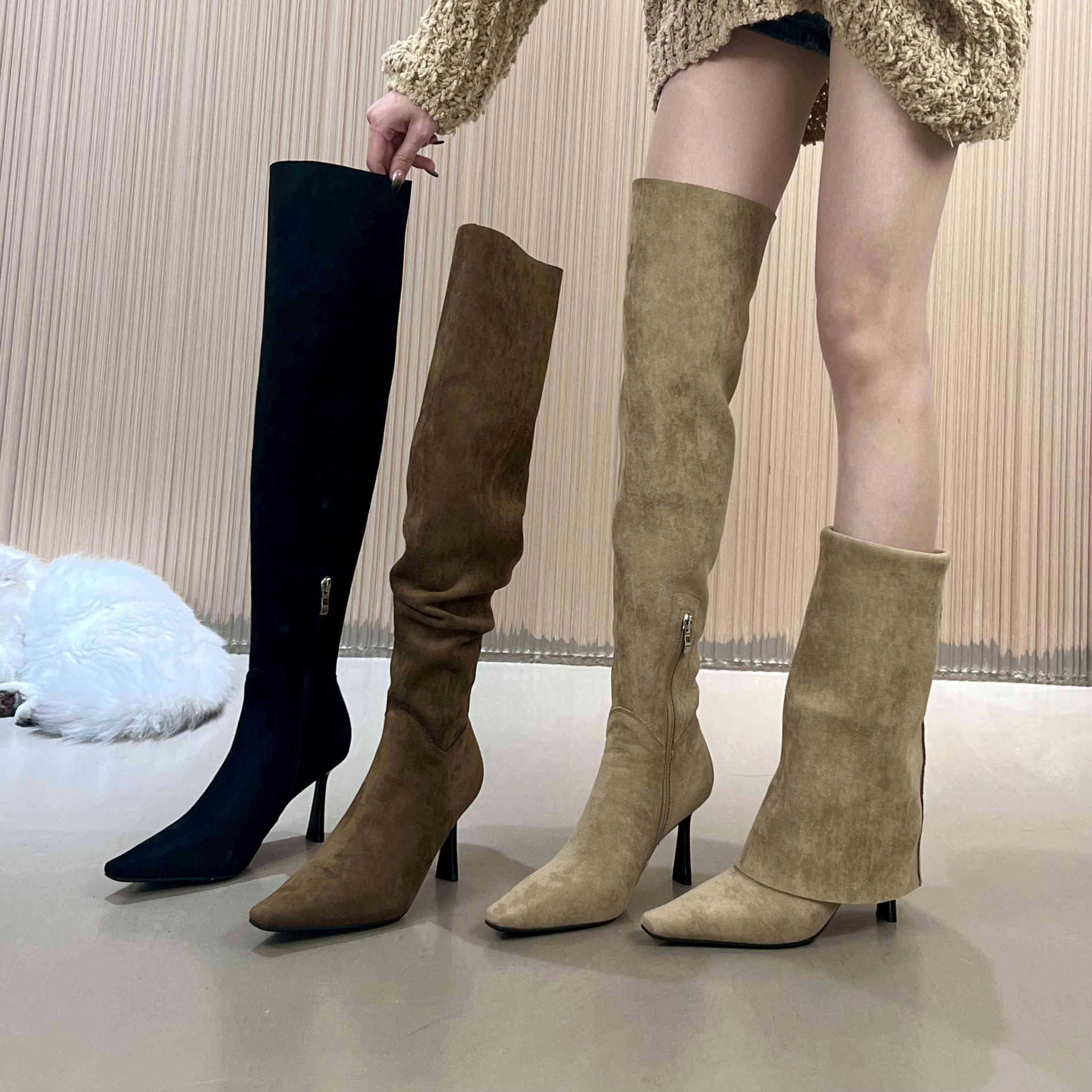 Wearing more than one boot~Elastic velvet high heels skinny boots over the knee long boots for women pointed thick heels French elastic boots short boots
