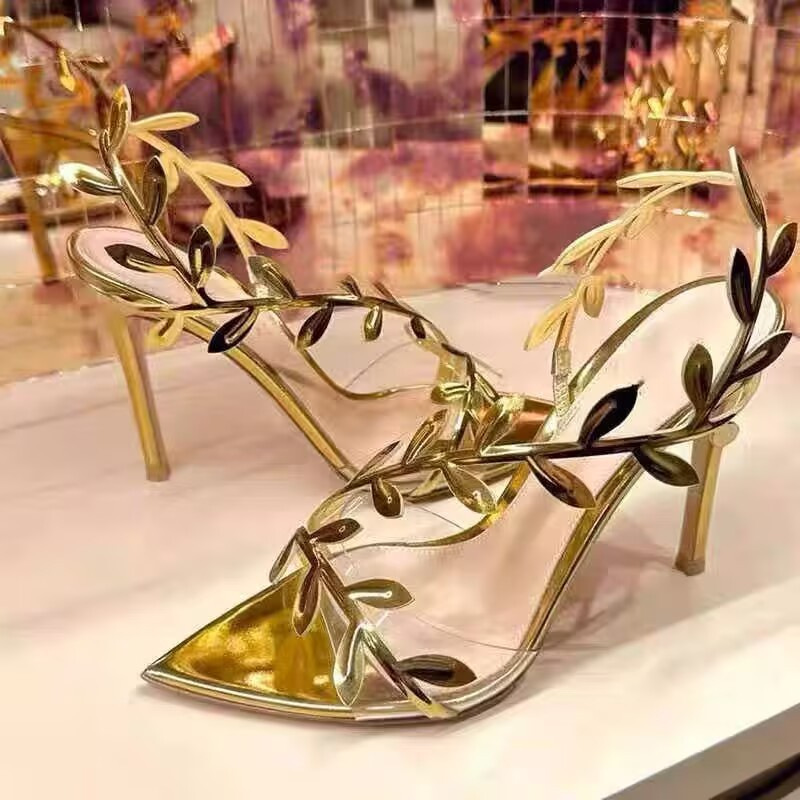 Large gold leaf pointed high-heeled sandals for women's outdoor wear, 2026 summer new item, slim heels with exposed toes, in stock