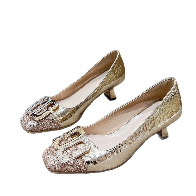 Luxury rhinestone square toe high heels, 2026 autumn new item, professional spliced buckle, shallow mouth fashion, medium and coarse follow-up shoes for women Luxury rhinestone square toe high heels, 2026 autumn new item, professional spliced buckle, shallow mouth fashion, medium and coarse follow-up shoes for women