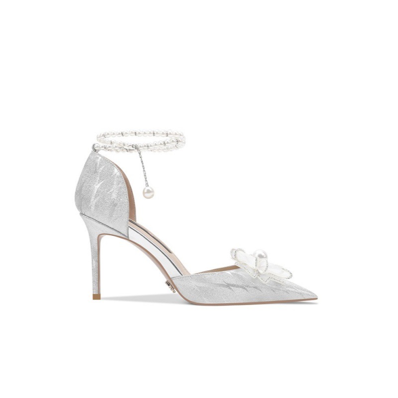 Wedding shoes, women's pearl strap, high-end sequin crystal shoes, silver French high heels, high heels that are not tiring for feet, wedding shoes Wedding shoes, women's pearl strap, high-end sequin crystal shoes, silver French high heels, high heels that are not tiring for feet, wedding shoes