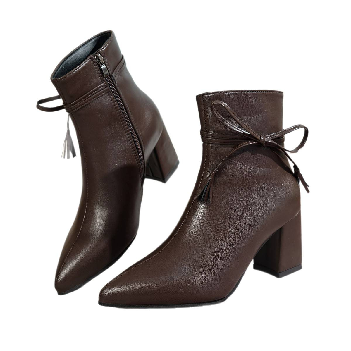 High heels 2026 autumn new item side zipper bow thick heel pointed toe plus size foreign trade women's shoes short tube boots children High heels 2026 autumn new item side zipper bow thick heel pointed toe plus size foreign trade women's shoes short tube boots children