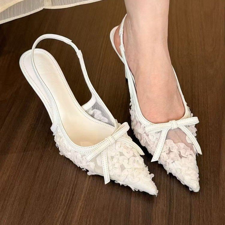 Summer three-dimensional flower lace back empty sandals women's shoes pointed thin heels bow high heels black toe sandals