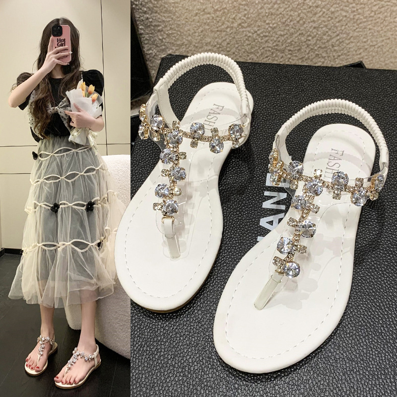 Sandals for women, 2026 summer, rhinestone herringbone, ladies, big size Bohemian, back elastic, flat bottom