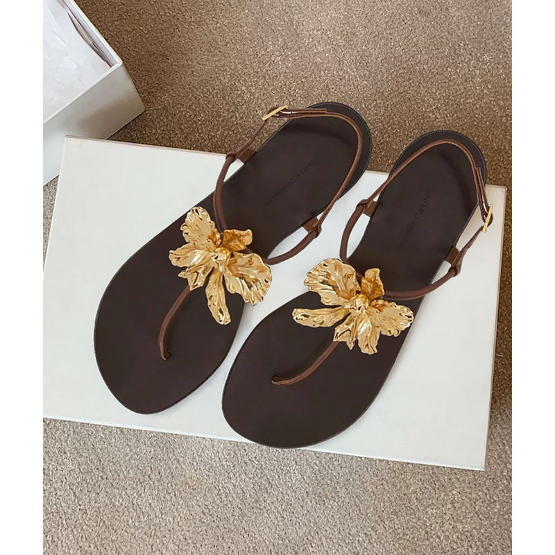 Summer new metal camellia flower flat bottom clip toe cool mop beach vacation style Roman sandals for women