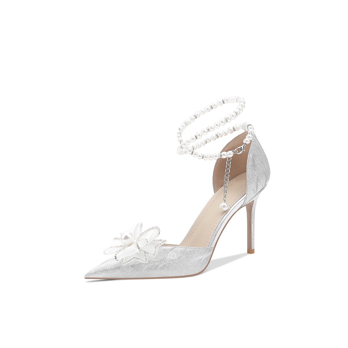 Wedding shoes, women's pearl strap, high-end sequin crystal shoes, silver French high heels, high heels that are not tiring for feet, wedding shoes Wedding shoes, women's pearl strap, high-end sequin crystal shoes, silver French high heels, high heels that are not tiring for feet, wedding shoes
