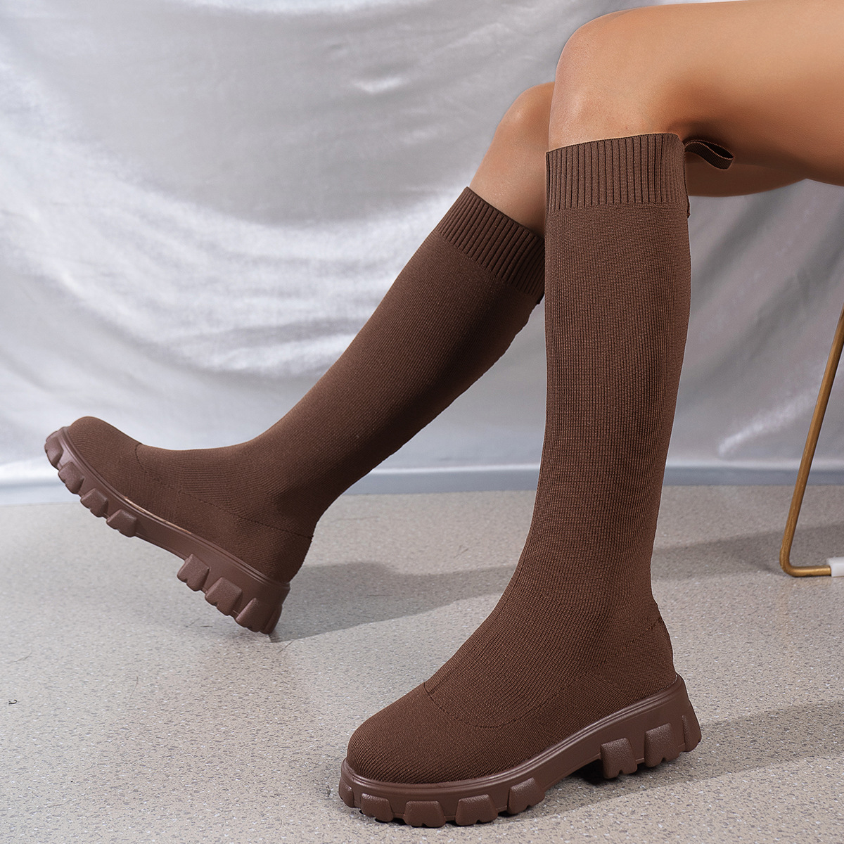 Cross border foreign trade women's shoes big size fly woven long tube 2026 autumn and winter European and American elastic fabric round head thick heel socks boots children