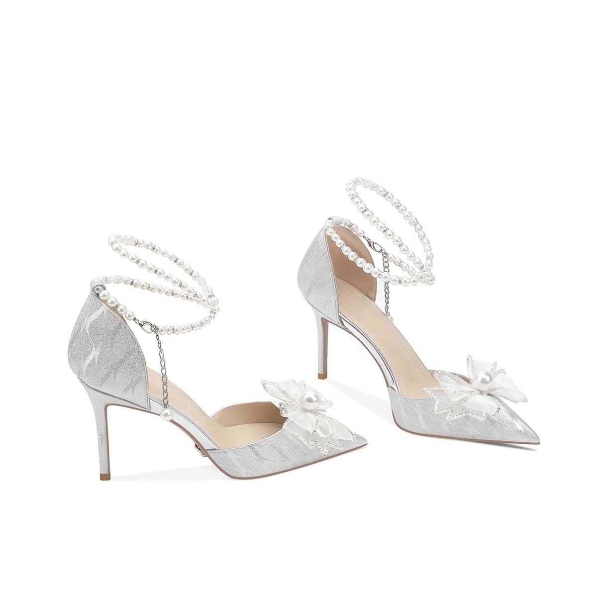 Wedding shoes, women's pearl strap, high-end sequin crystal shoes, silver French high heels, high heels that are not tiring for feet, wedding shoes