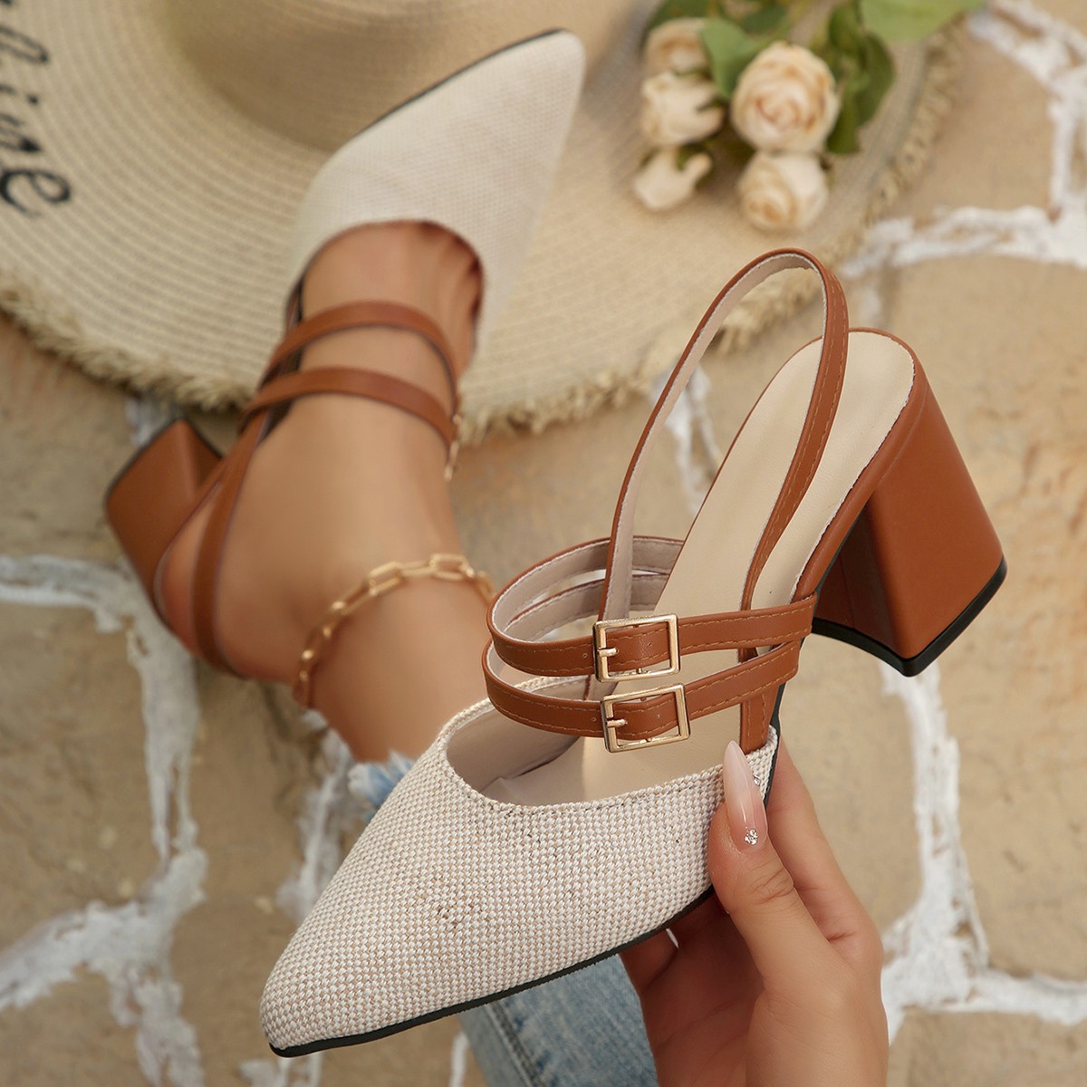 High heels, 2026 summer new item, pointed toe cap, rear air, large size, foreign trade women's shoes, thick heel, belt buckle sandals, women's shoes High heels, 2026 summer new item, pointed toe cap, rear air, large size, foreign trade women's shoes, thick heel, belt buckle sandals, women's shoes