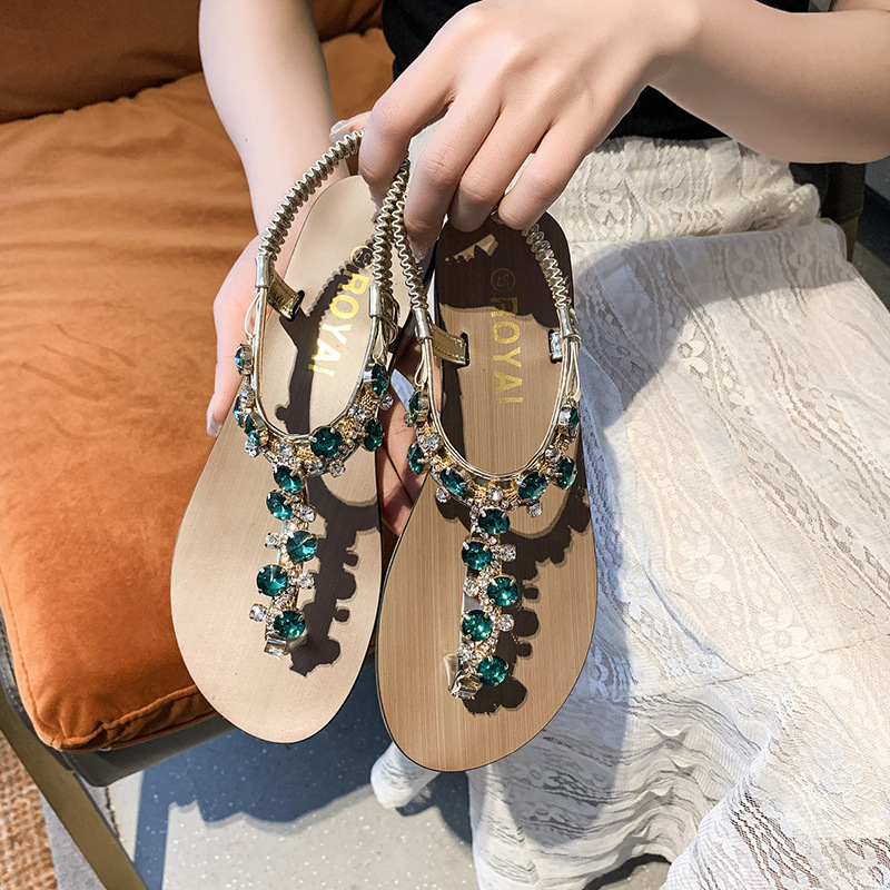 Sandals for women in summer 2025, new style with big rhinestones and back elastic Roman style, fashionable