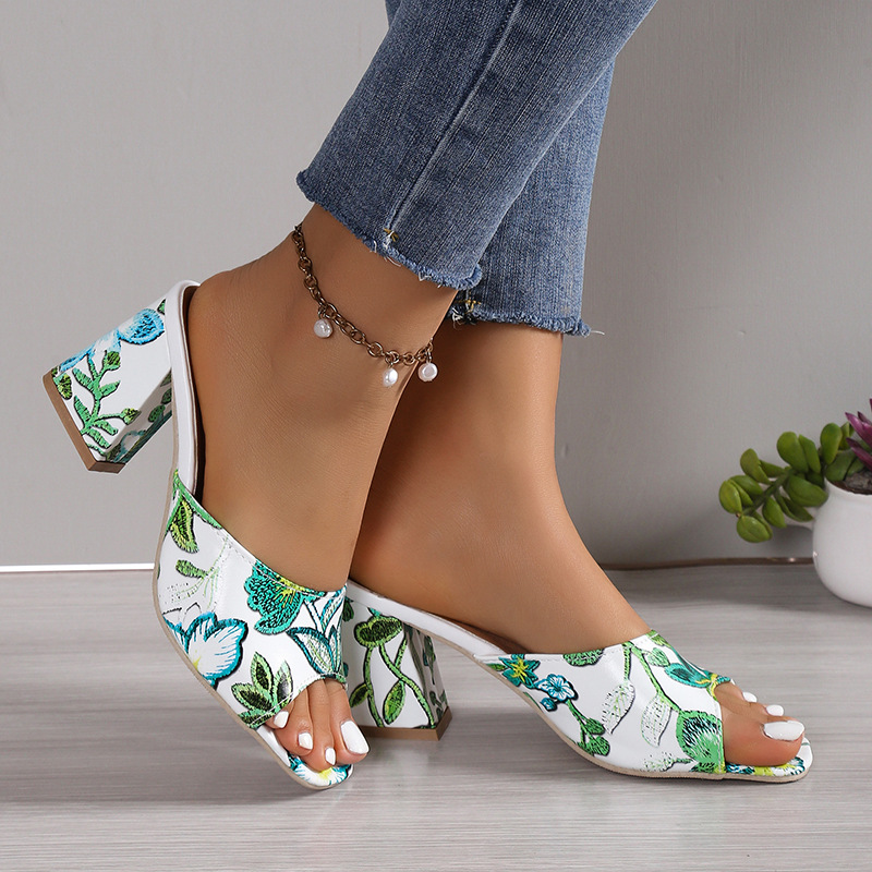 High heels for 2026 summer foreign trade women's shoes, thick heels for wearing on the outside, European and American square toe plus print one line cool slippers for women High heels for 2026 summer foreign trade women's shoes, thick heels for wearing on the outside, European and American square toe plus print one line cool slippers for women