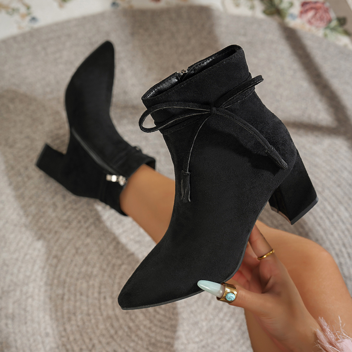 High heels 2026 autumn new item side zipper bow thick heel pointed toe plus size foreign trade women's shoes short tube boots children High heels 2026 autumn new item side zipper bow thick heel pointed toe plus size foreign trade women's shoes short tube boots children