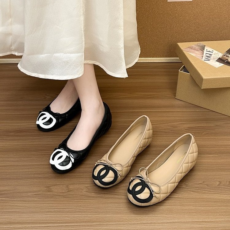 Inner height increase, gentle and plush double CC diamond grid single shoes, women's shoes, new butterfly bow shallow mouth, one foot kick round toe ballet shoes
