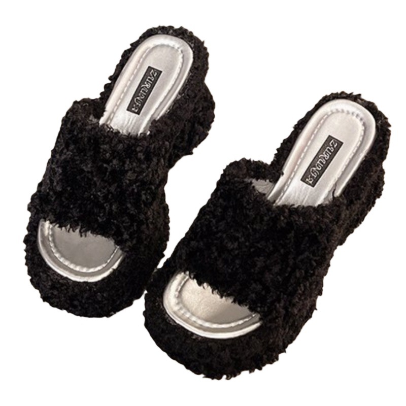Show off leg length~Slope heel exposed toe straight line hairy slippers for women in autumn and winter 2026, wearing sponge cake thick soled high-heeled sandals for outdoor wear Show off leg length~Slope heel exposed toe straight line hairy slippers for women in autumn and winter 2026, wearing sponge cake thick soled high-heeled sandals for outdoor wear