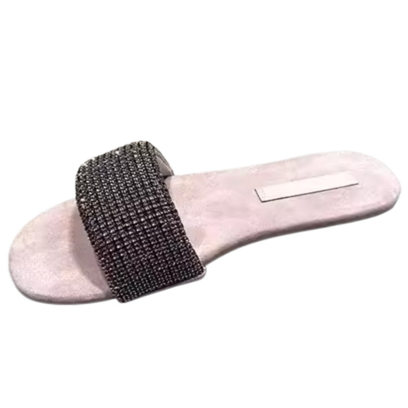 French style dress beach vacation style women's shoes for summer 2026, new flat bottomed diamond embellished one-piece slippers for wearing sandals outside French style dress beach vacation style women's shoes for summer 2026, new flat bottomed diamond embellished one-piece slippers for wearing sandals outside