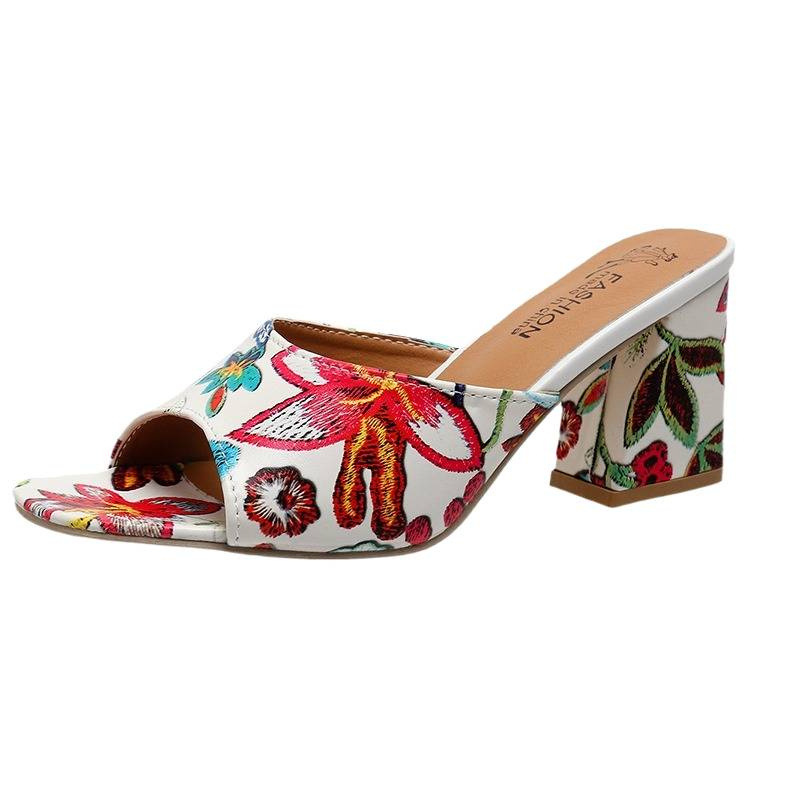 High heels for 2026 summer foreign trade women's shoes, thick heels for wearing on the outside, European and American square toe plus print one line cool slippers for women High heels for 2026 summer foreign trade women's shoes, thick heels for wearing on the outside, European and American square toe plus print one line cool slippers for women