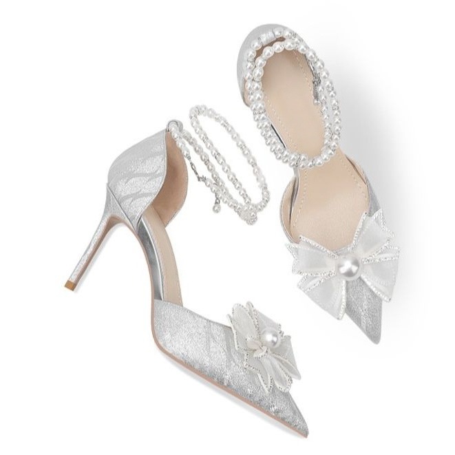 Wedding shoes, women's pearl strap, high-end sequin crystal shoes, silver French high heels, high heels that are not tiring for feet, wedding shoes Wedding shoes, women's pearl strap, high-end sequin crystal shoes, silver French high heels, high heels that are not tiring for feet, wedding shoes