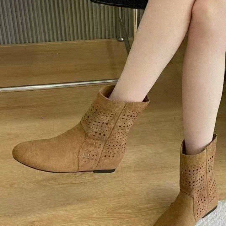 Retro hollowed out carved inside height increasing short boots for women, 2026 summer and autumn new fashion versatile western boots, flat bottomed cool boots Retro hollowed out carved inside height increasing short boots for women, 2026 summer and autumn new fashion versatile western boots, flat bottomed cool boots
