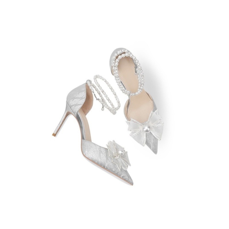 Wedding shoes, women's pearl strap, high-end sequin crystal shoes, silver French high heels, high heels that are not tiring for feet, wedding shoes Wedding shoes, women's pearl strap, high-end sequin crystal shoes, silver French high heels, high heels that are not tiring for feet, wedding shoes