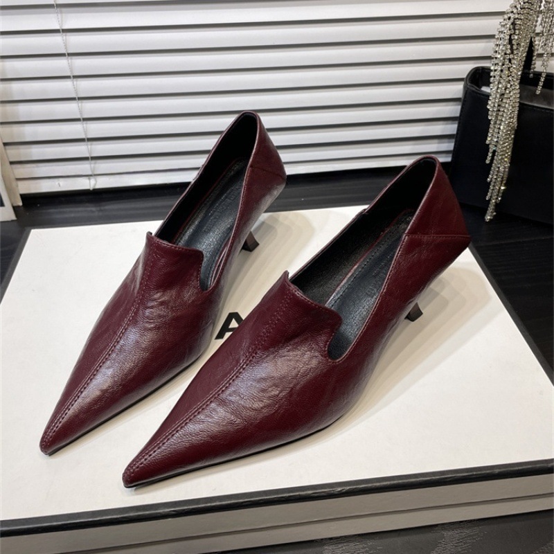 Ankela Red Thin Heel Deep Mouth Pointed Professional Commuter Single Shoes for Women 2025 New Wine Red Soft Leather High Heels Leather Shoes