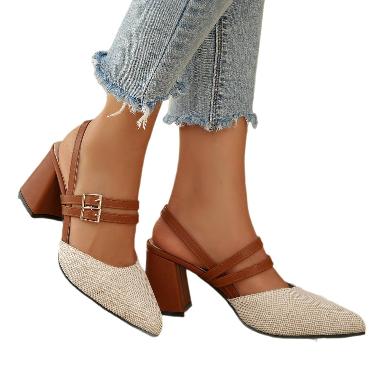 High heels, 2026 summer new item, pointed toe cap, rear air, large size, foreign trade women's shoes, thick heel, belt buckle sandals, women's shoes High heels, 2026 summer new item, pointed toe cap, rear air, large size, foreign trade women's shoes, thick heel, belt buckle sandals, women's shoes