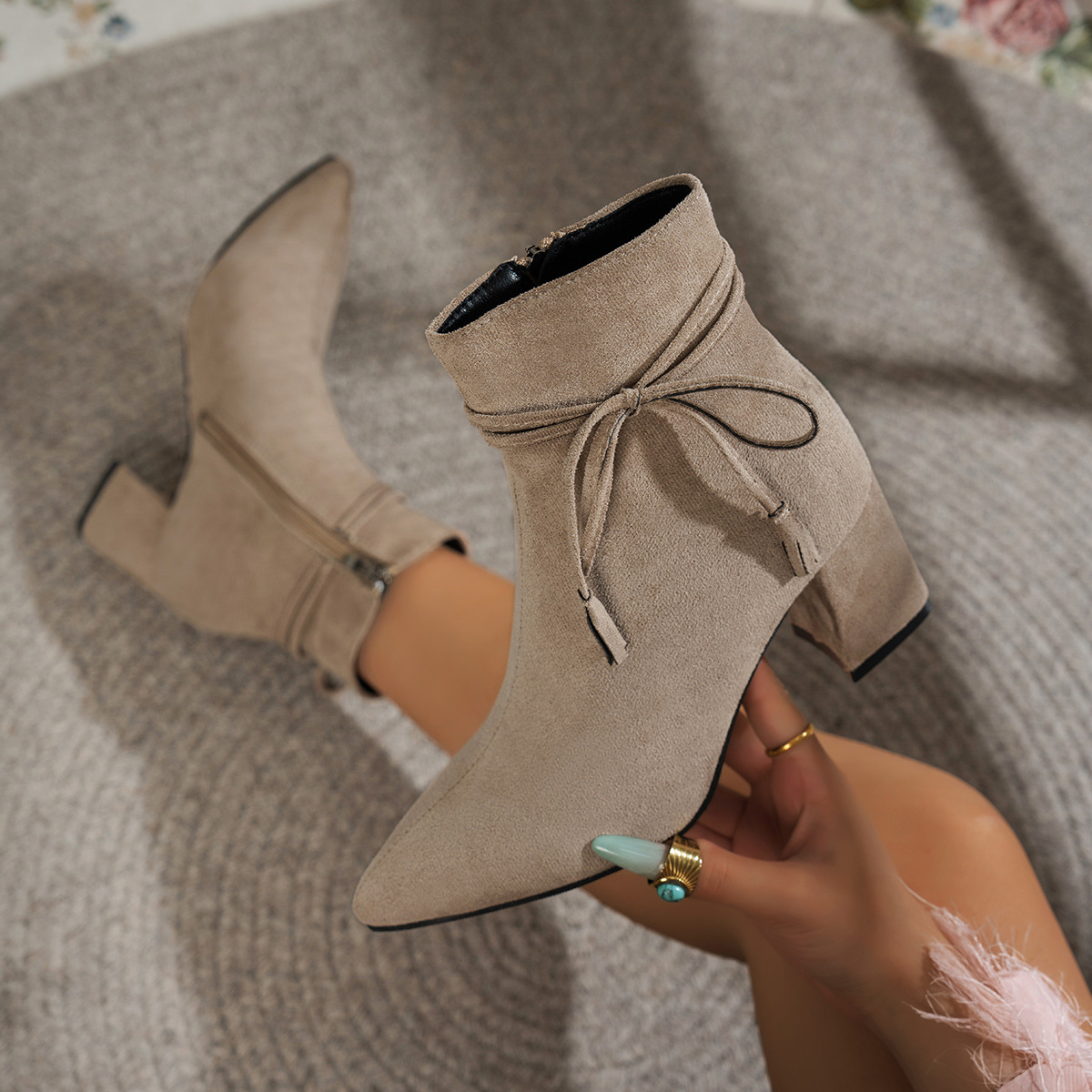 High heels 2026 autumn new item side zipper bow thick heel pointed toe plus size foreign trade women's shoes short tube boots children High heels 2026 autumn new item side zipper bow thick heel pointed toe plus size foreign trade women's shoes short tube boots children