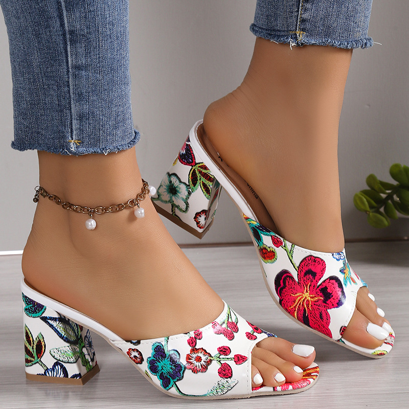 High heels for 2026 summer foreign trade women's shoes, thick heels for wearing on the outside, European and American square toe plus print one line cool slippers for women High heels for 2026 summer foreign trade women's shoes, thick heels for wearing on the outside, European and American square toe plus print one line cool slippers for women