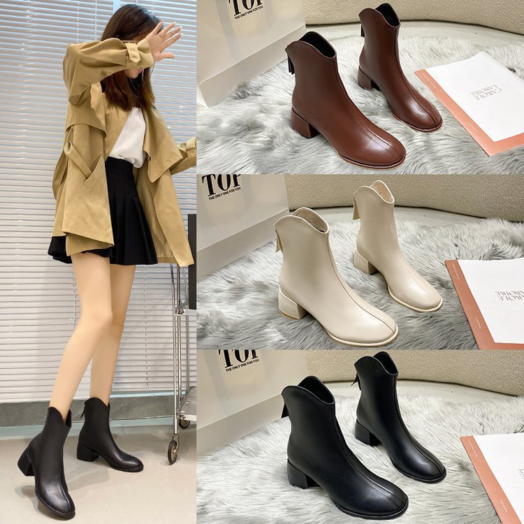 Foreign trade plus size slim boots, high heels, short boots, women's V-neck Martin boots, 2026 autumn and winter new style square toe thick heel boots
