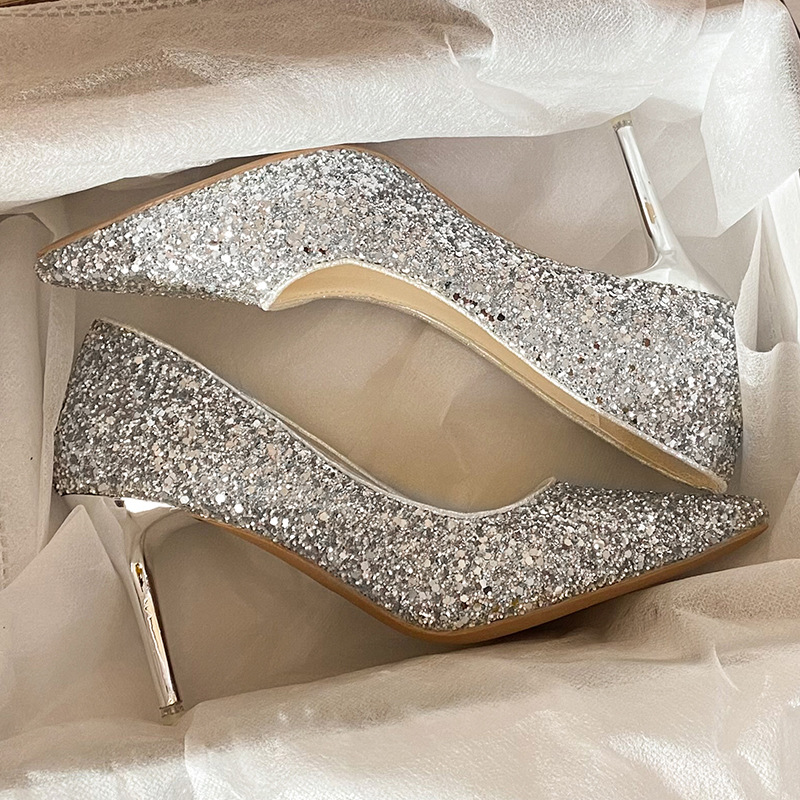 Sharp pointed shallow mouth high heels for women 2026 new French sequined fine heels wedding shoes exquisite crystal silver plus size 41